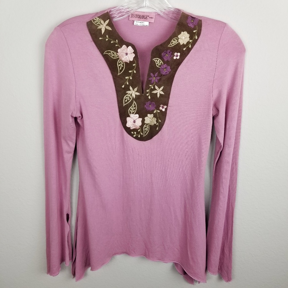 JUS D'ORANGE pink floral embroidered blouse sz M